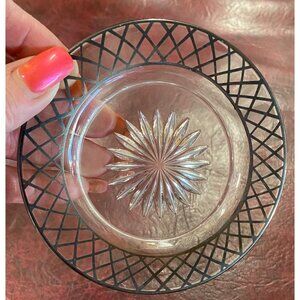 Silver Overlay Plate Small Crystal Glass Dish Starburst Center Diamond Pattern